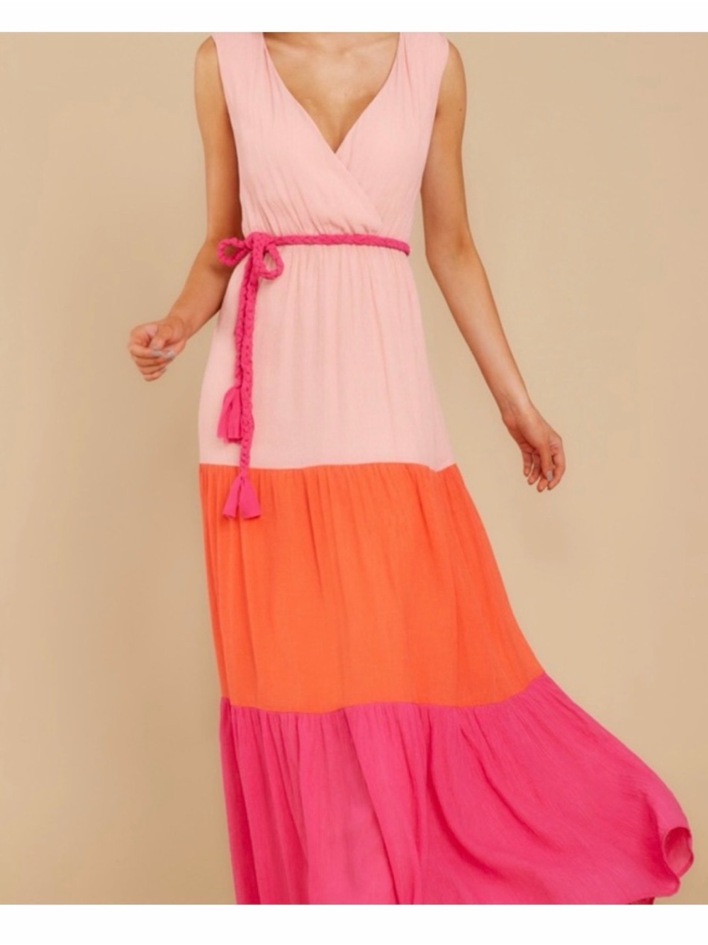Flying Tomato Pink, Coral & Magenta Tiered Maxi Dress